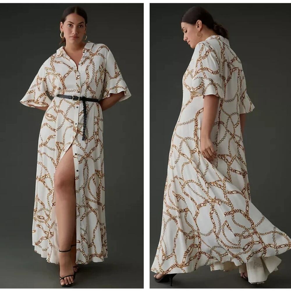 Anthropologie White and Brown Maxi Dress